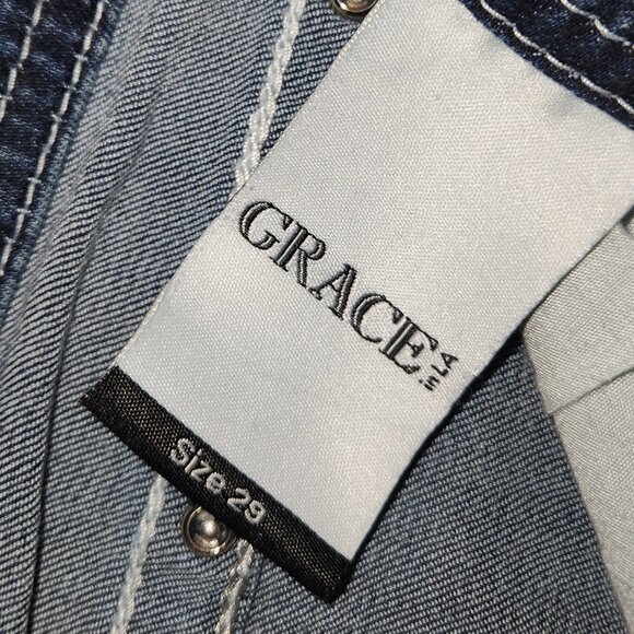 Grace in LA Women’s Easy Fit Mid-Rise Bootcut Jeans Feather Embroidery Bling Siz - Picture 13 of 14